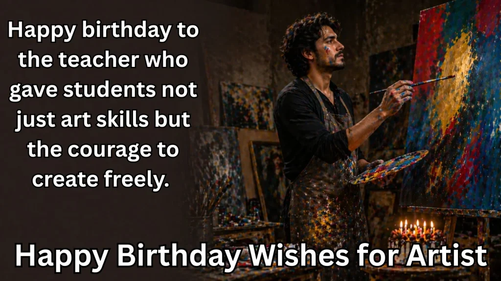 Art teacher painting canvas with happy birthday wishes for artist text