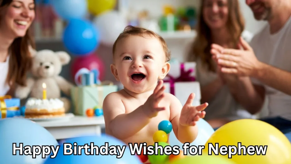 Baby boy clapping at party with happy birthday wishes for nephew text