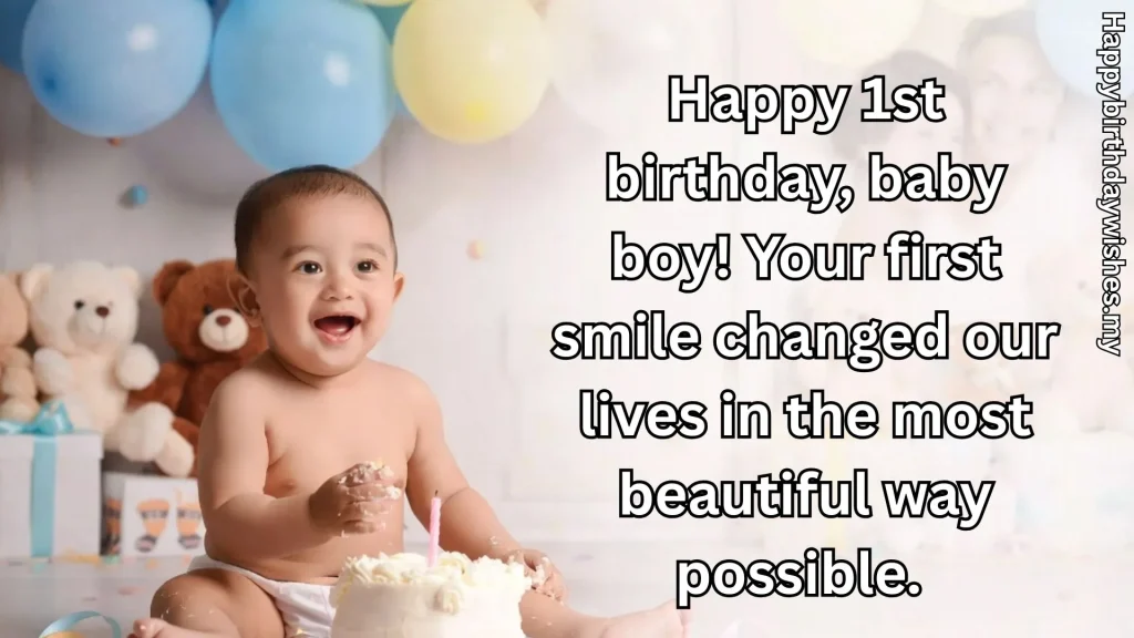 Baby boy enjoying first birthday cake with balloons