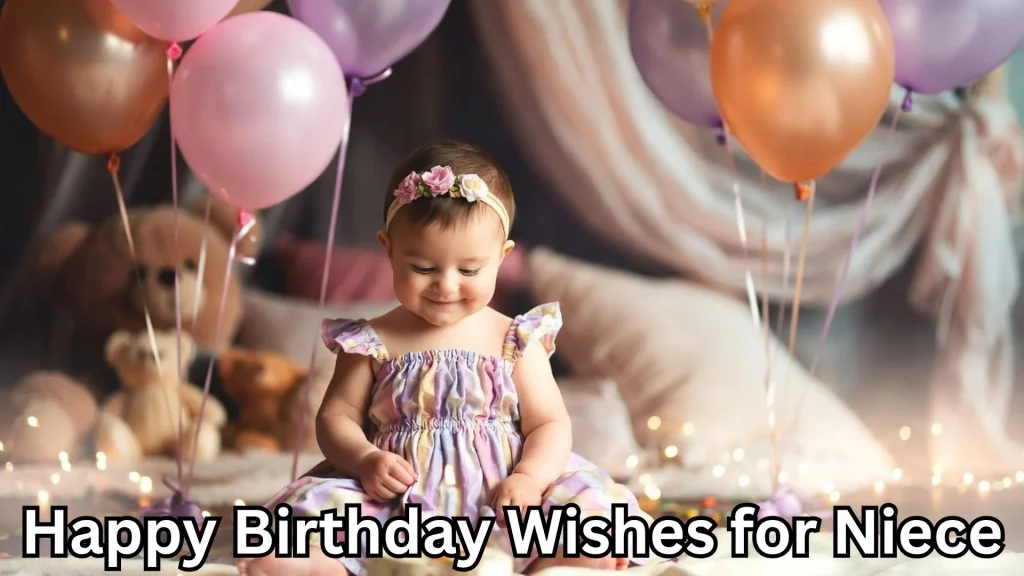 Baby girl with balloons and happy birthday wishes for niece text overlay