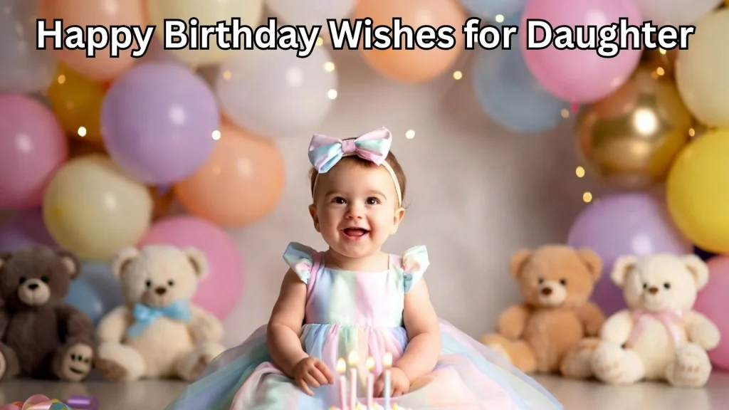 Baby girl with balloons with happy birthday wishes for daughter text
