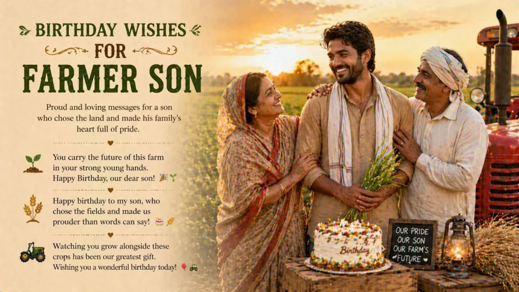 Birthday wishes for farmer son with proud parents in field