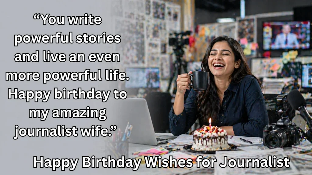 Birthday wishes for journalist wife with cake and laptop