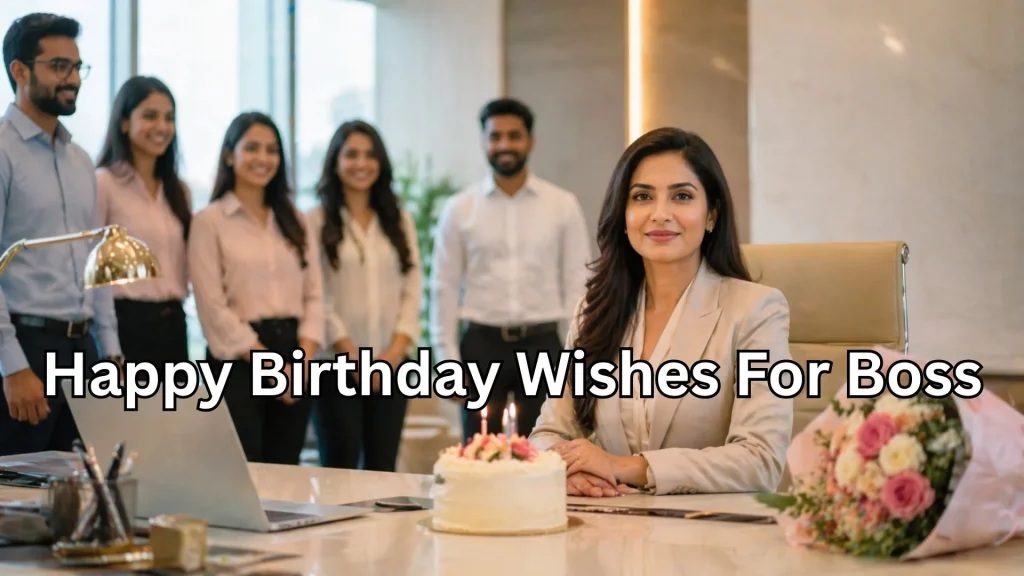 Boss with team and cake and happy birthday wishes for boss text