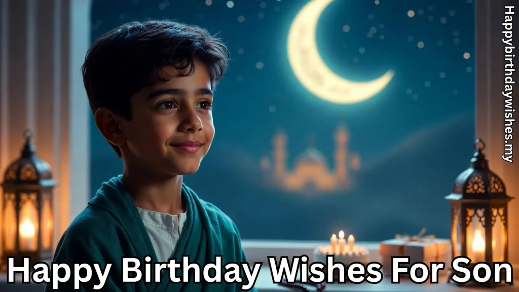 Boy smiling at birthday and happy birthday wishes for son text overlay