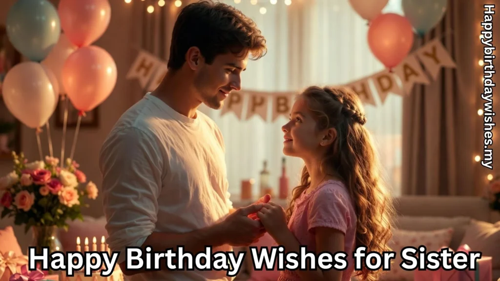 Brother and sister celebrating together and happy birthday wishes for sister text overlay