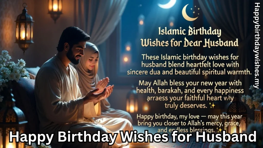 Couple praying with Islamic happy birthday wishes for husband text overlay