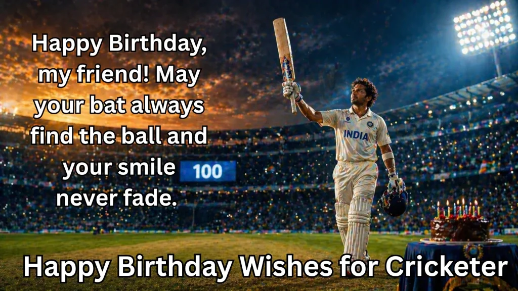 Cricketer raising bat after century with birthday cake
