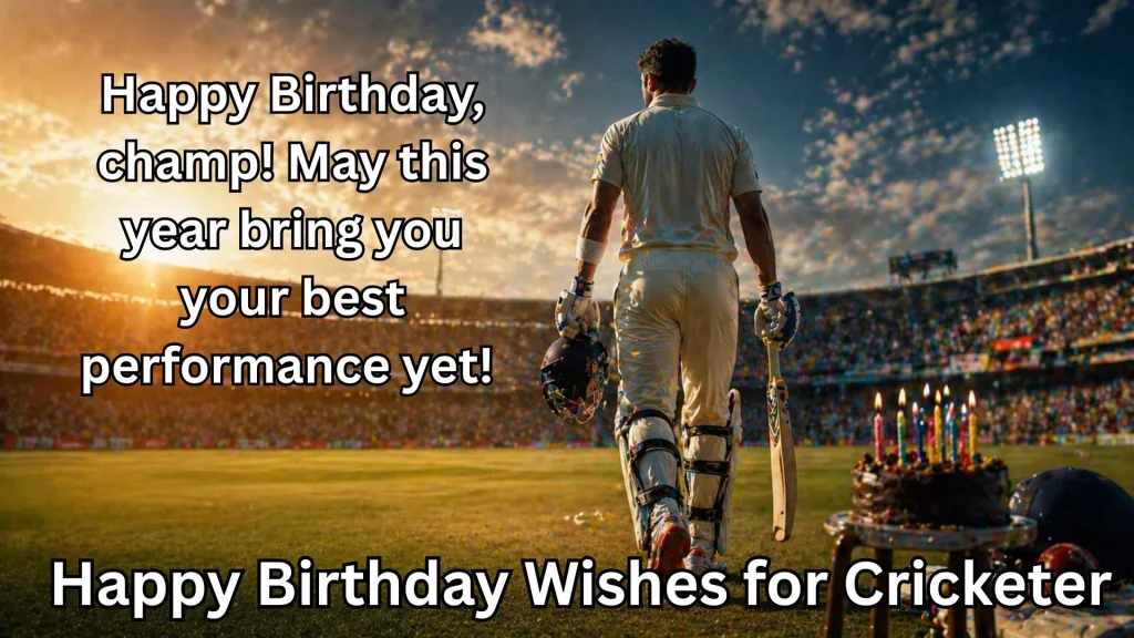 Cricketer walking on field with happy birthday wishes for cricketer text
