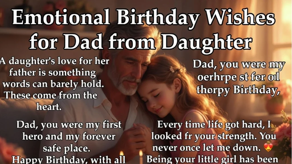 Daughter hugging dad with happy birthday wishes for father text overlay