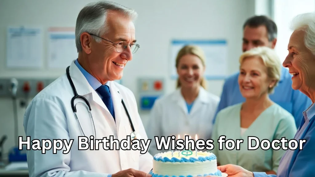 Doctor receiving cake from patients, birthday wishes