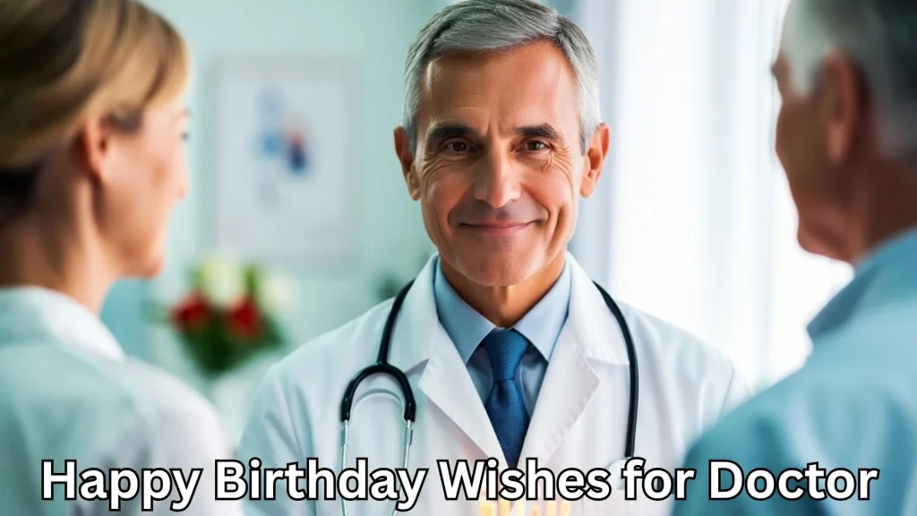 Doctor with patients and happy birthday wishes for doctor text