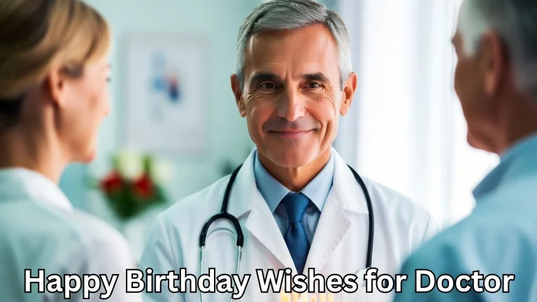 Doctor with patients and happy birthday wishes for doctor text