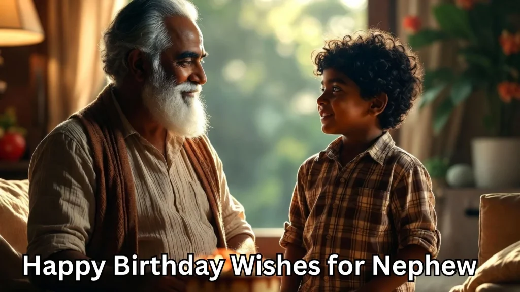 Elder man smiling at boy, birthday wishes for nephew