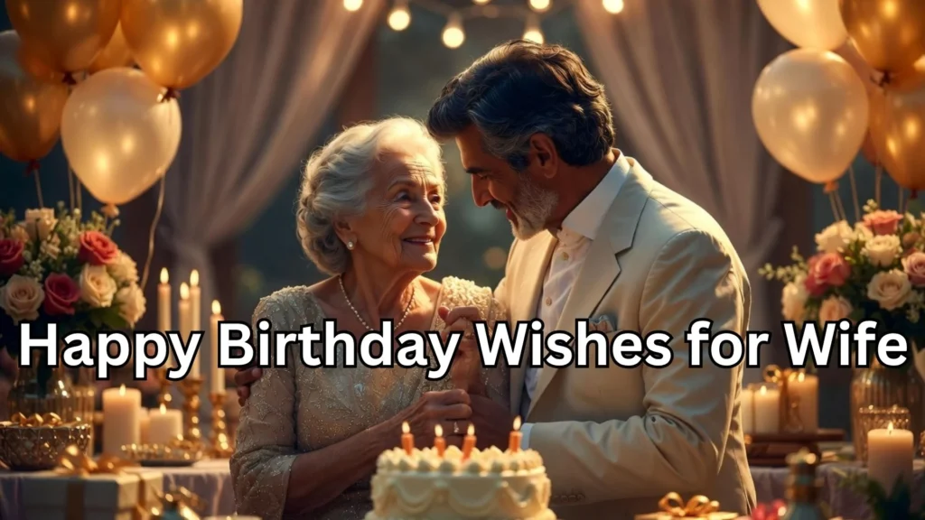 Elderly couple celebrating birthday with cake and lights
