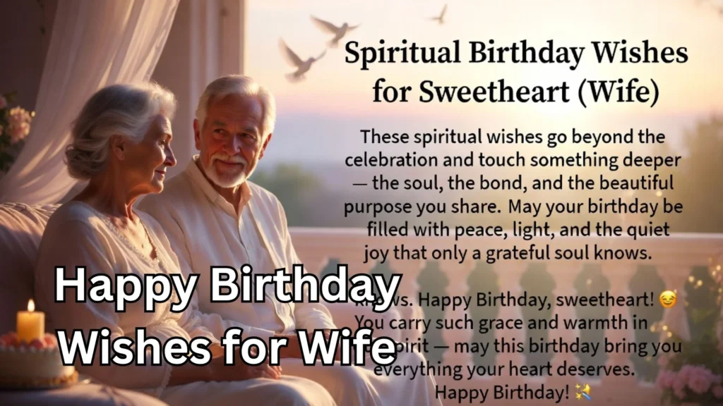 Elderly couple with spiritual happy birthday wishes for wife text overlay