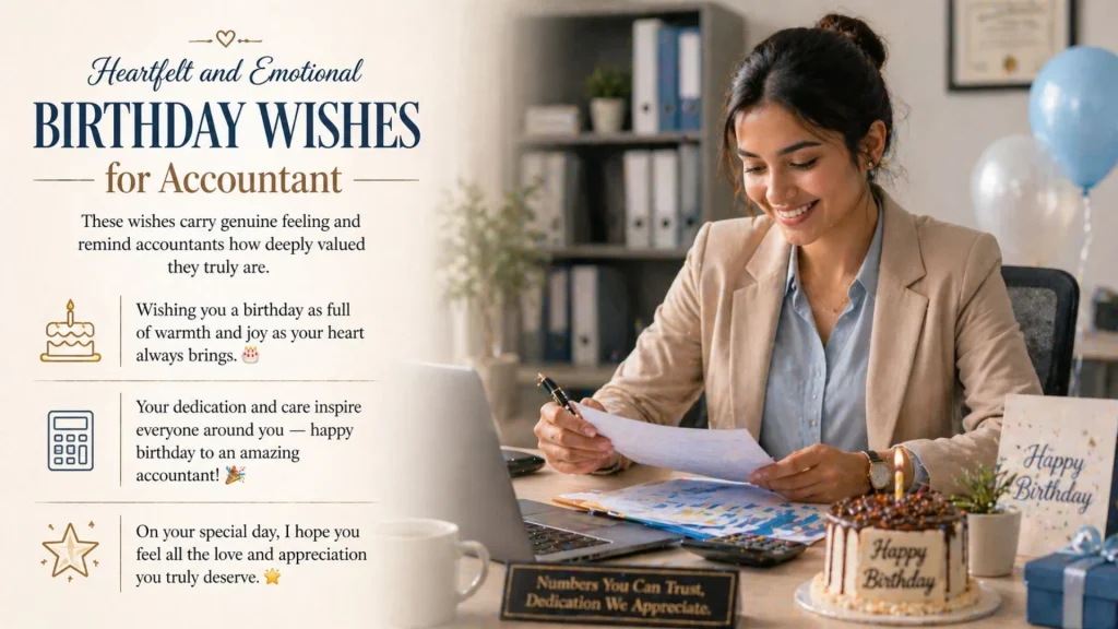 Emotional happy birthday wishes for accountant working at desk