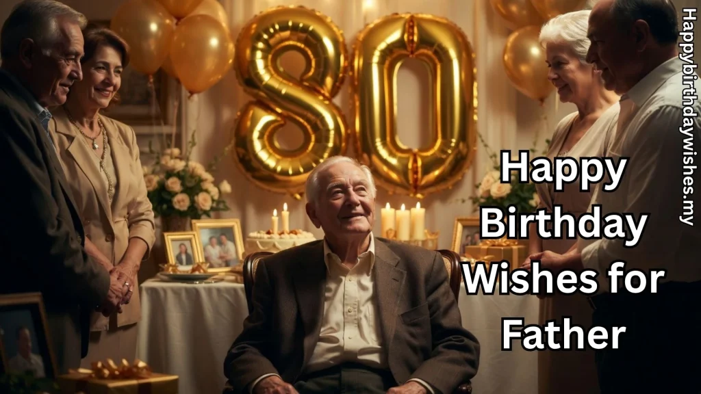 Family celebrating dad’s 80th birthday with balloons
