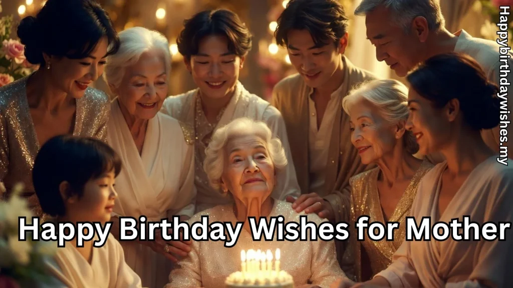 Family celebrating elderly mother’s birthday with cake