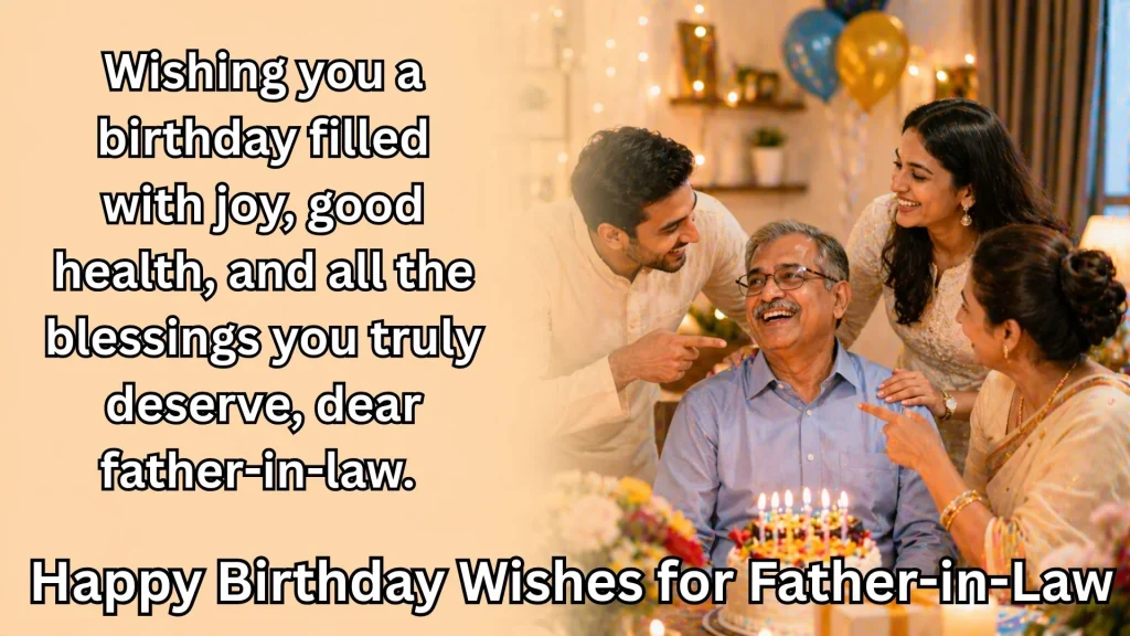 Family celebrating father-in-law birthday with happy birthday wishes for father-in-law text