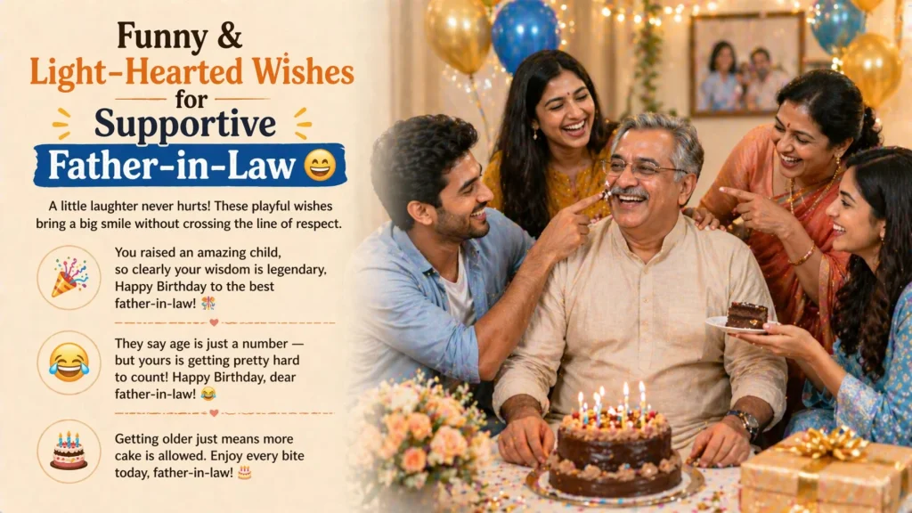 Family celebrating father-in-law birthday with laughter and cake