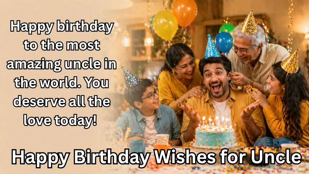 Family celebrating uncle birthday with happy birthday wishes for uncle text