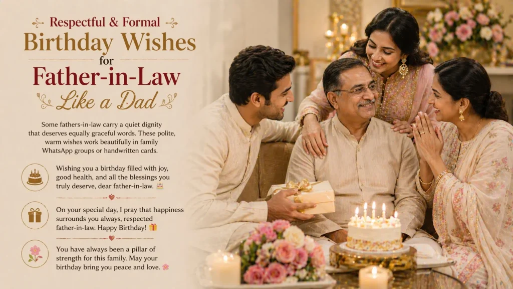 Family giving respectful birthday wishes to father-in-law
