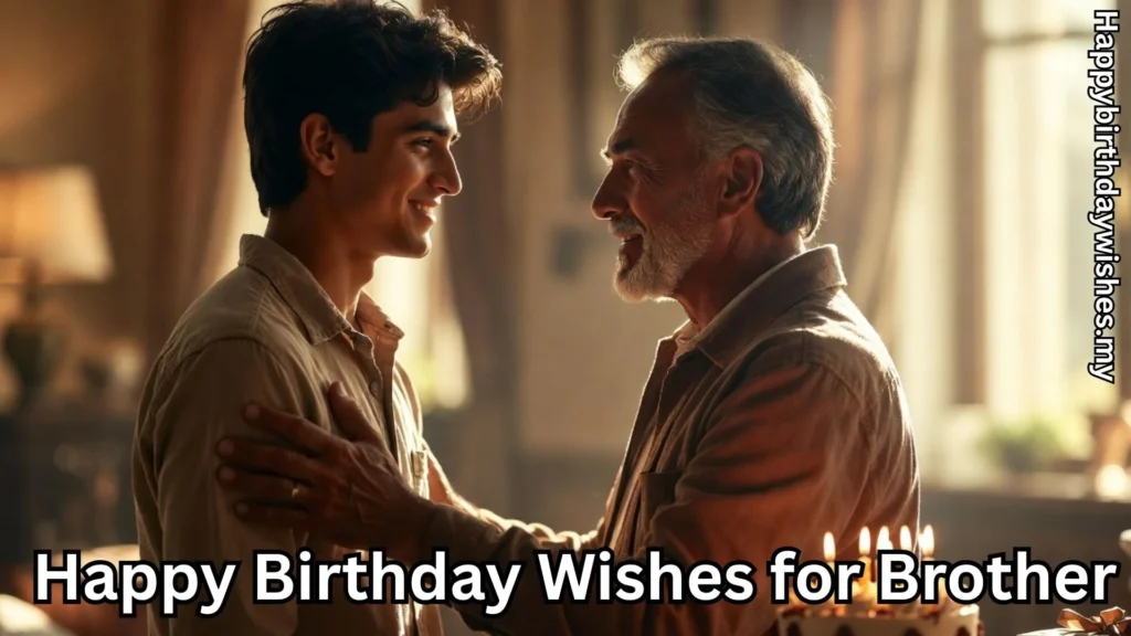 Father and son smiling on birthday and happy birthday wishes for brother text overlay