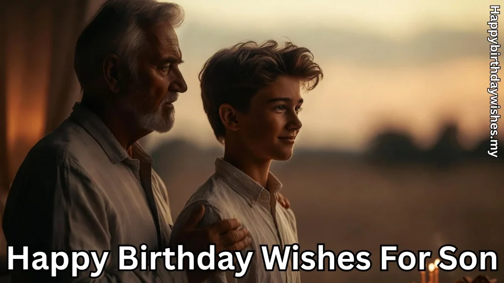 Father and son together and happy birthday wishes for son text overlay
