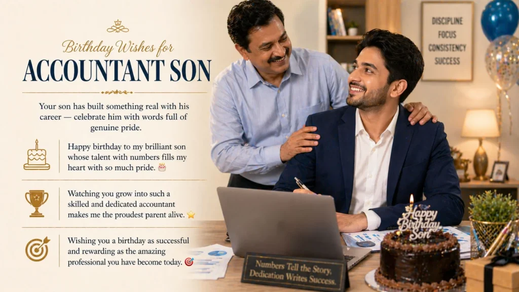 Father wishes accountant son happy birthday with cake