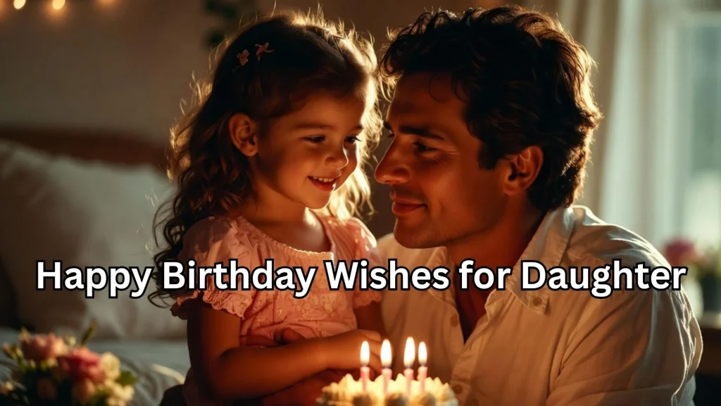 Father with daughter by cake, birthday wishes