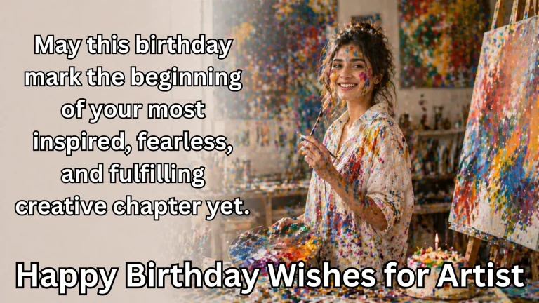 Female artist smiling with palette in colorful birthday studio
