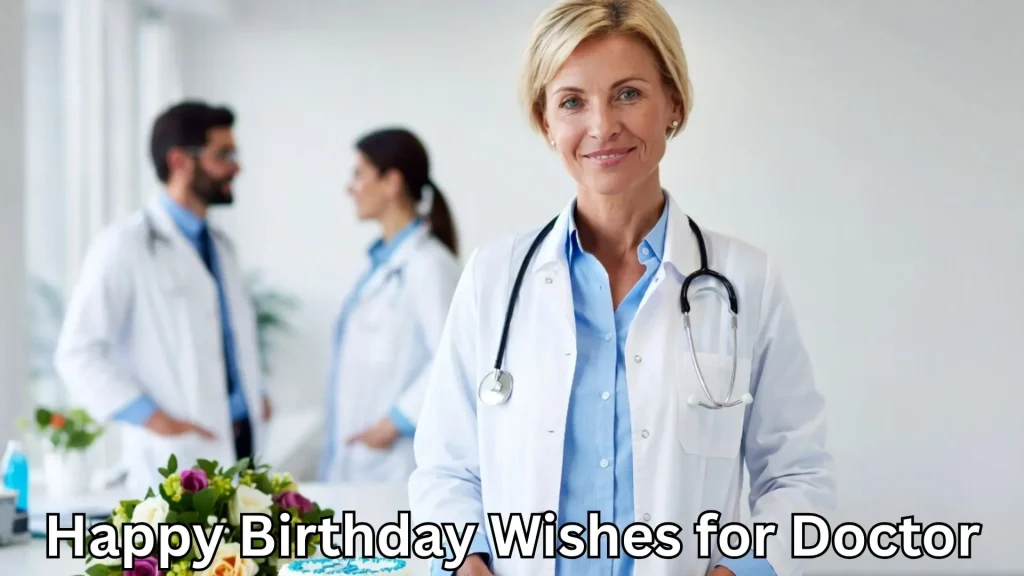 Female doctor smiling with birthday wishes text