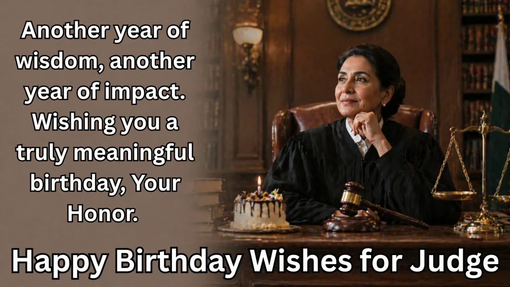 Female judge with gavel and happy birthday wishes for judge text