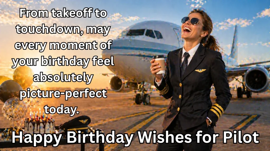 Female pilot laughing with happy birthday wishes for pilot text overlay