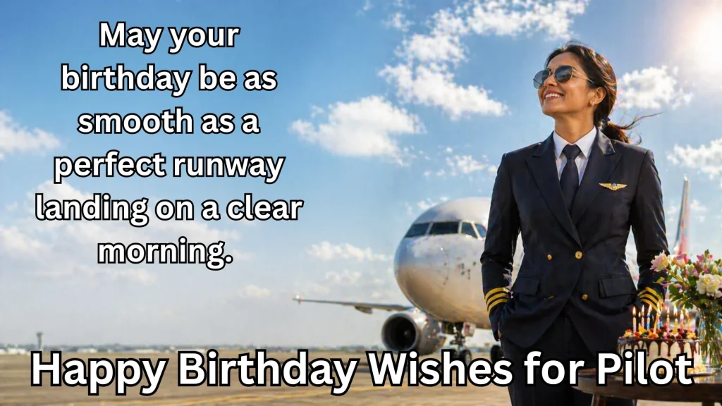 Female pilot smiling with happy birthday wishes for pilot text overlay