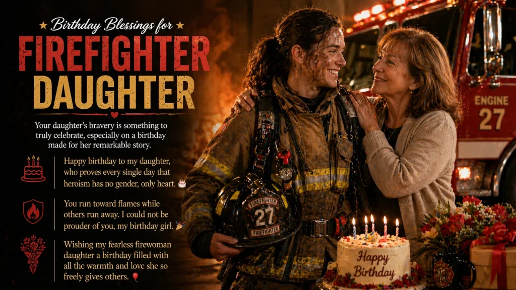 Firefighter daughter birthday with mom beside fire truck