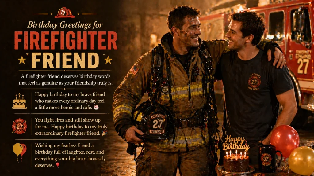 Firefighter friends celebrating birthday and happy birthday wishes for firefighter text