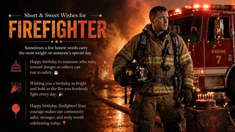 Firefighter holding helmet near fire truck on birthday