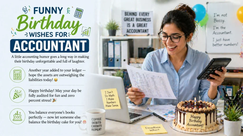 Funny accountant birthday with calculator and cake at desk