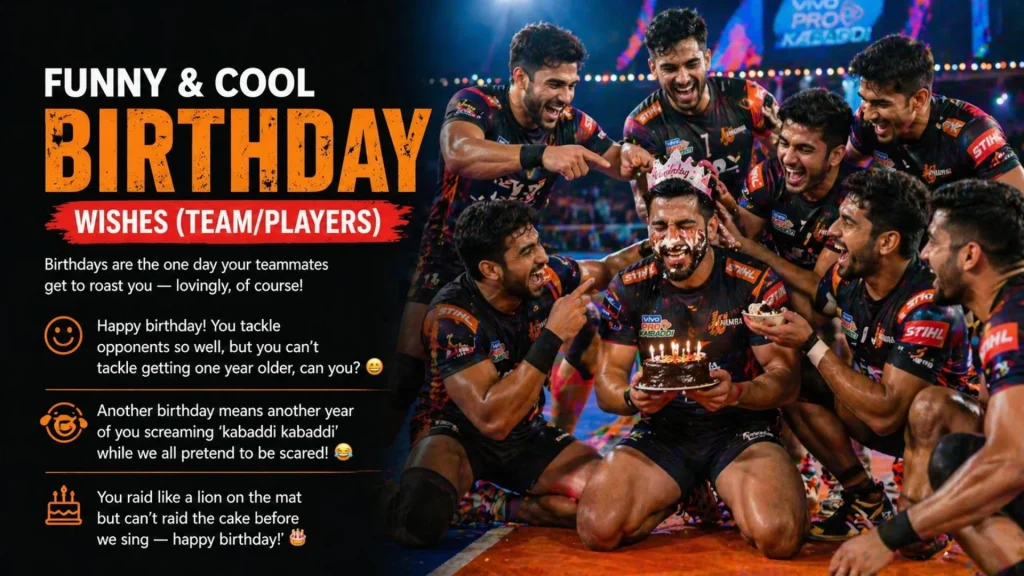 Funny birthday celebration with kabaddi teammates and cake