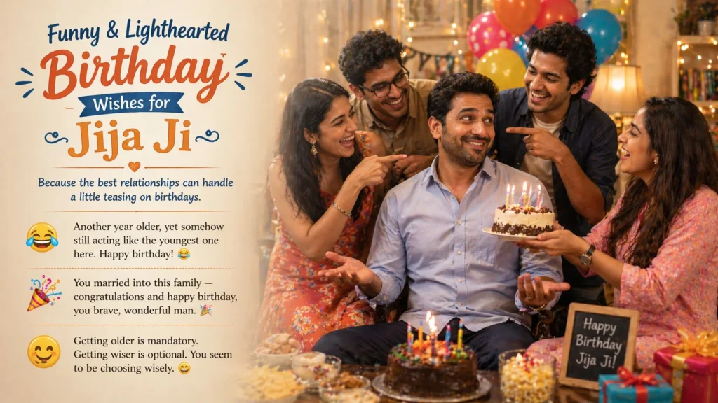 Funny birthday wishes for Jija Ji with friends and cake