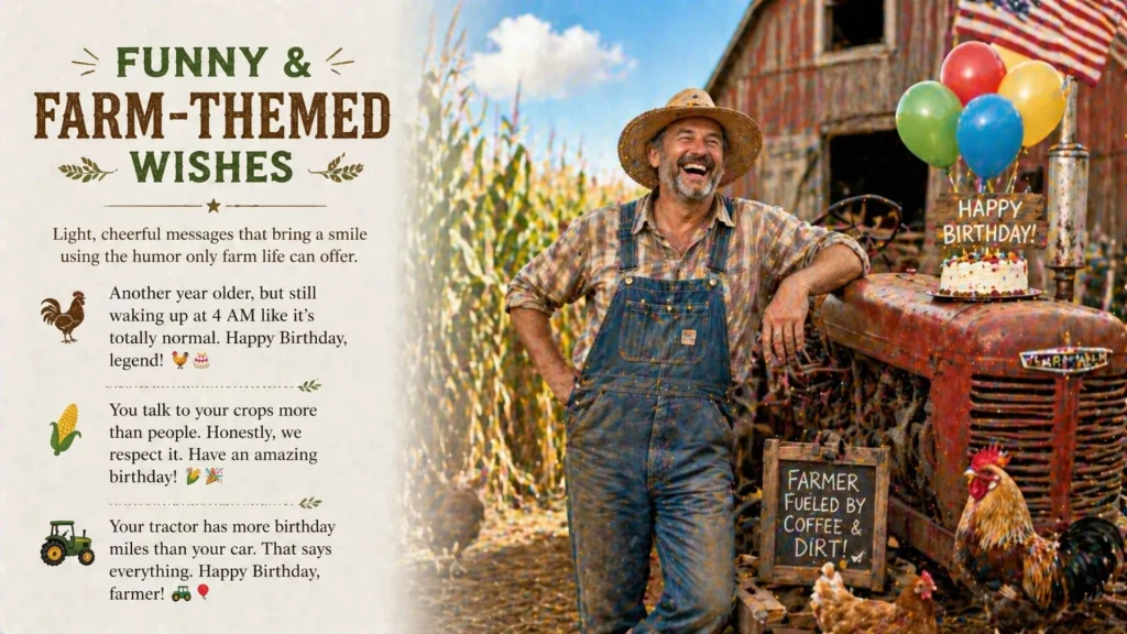 Funny farm-themed birthday celebration with farmer and tractor
