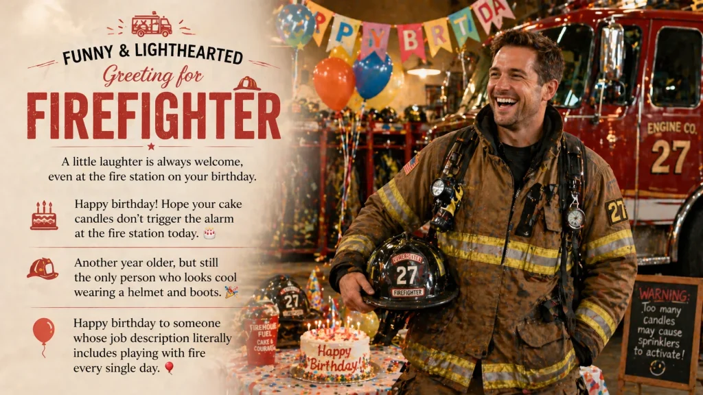 Funny firefighter birthday party at fire station with cake