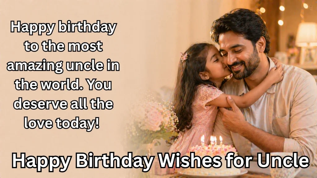 Girl kissing uncle with happy birthday wishes for uncle text
