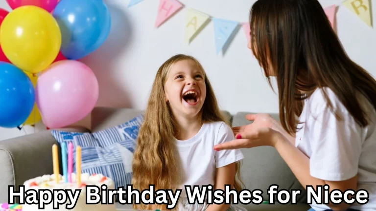 Girl laughing with aunt and happy birthday wishes for niece text overlay
