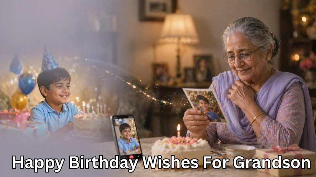 Grandma video calling grandson and happy birthday wishes for grandson text