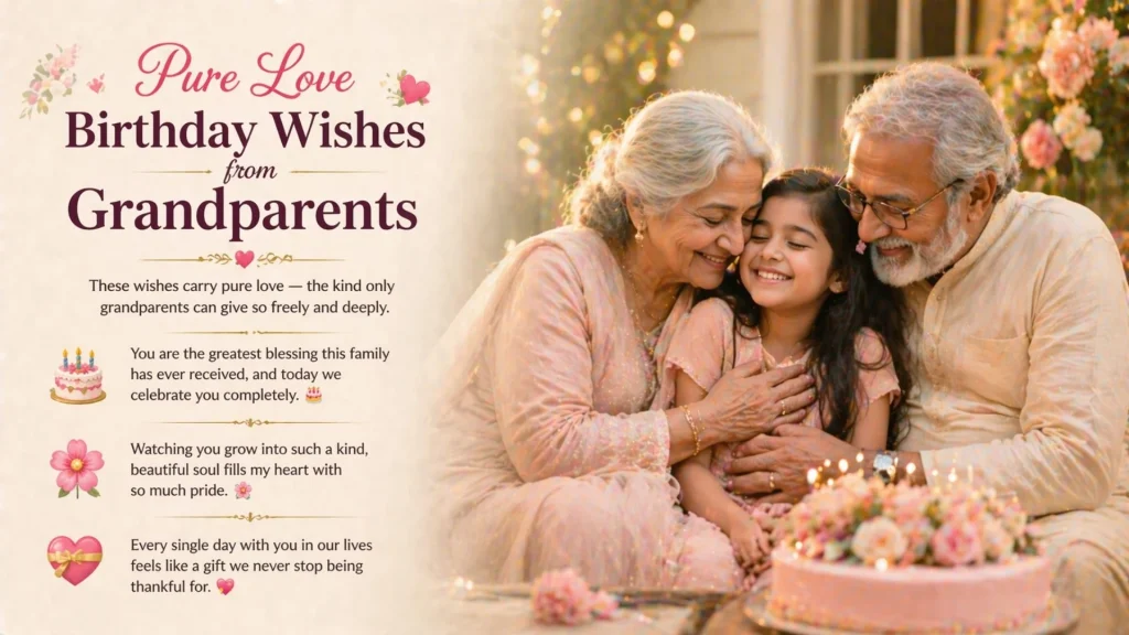 Grandparents hugging granddaughter on birthday with cake