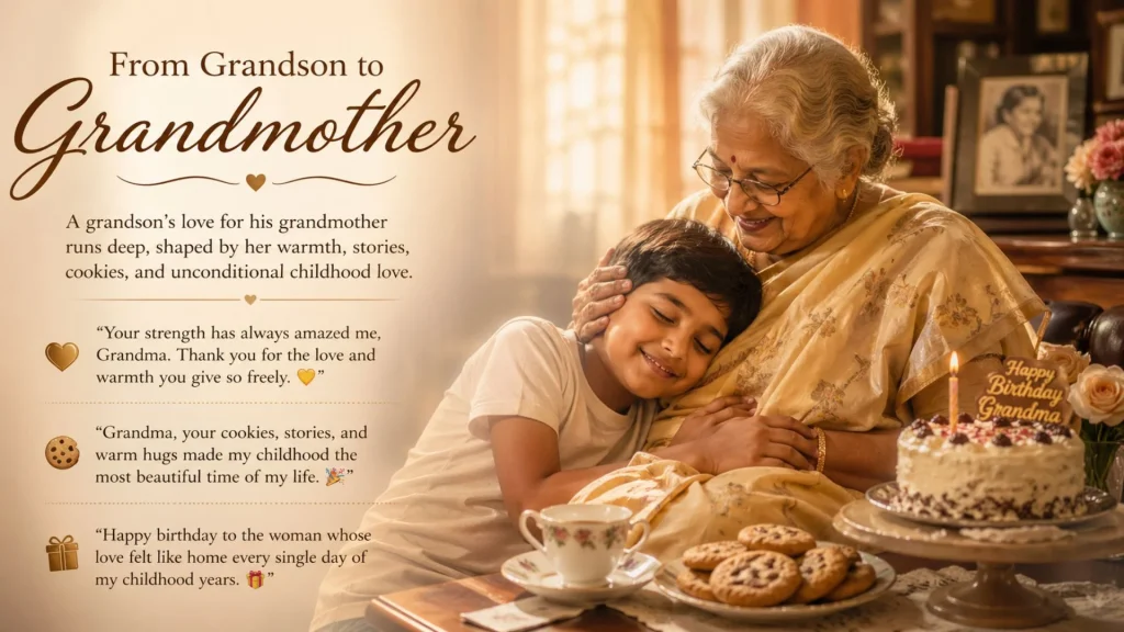 Grandson hugging grandmother with cake and cookies