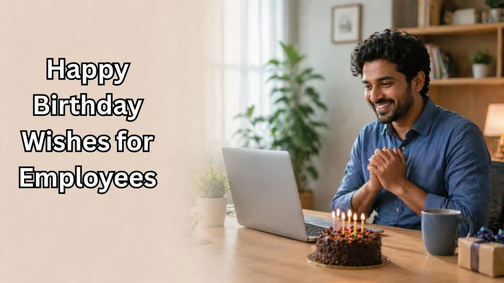 Happy birthday wishes for employees with laptop celebration